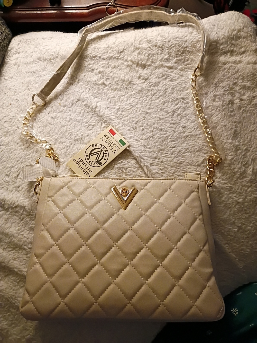 Valentino Orlandi White Quilted Vegan Leather Crossboday Bag Golden Chain Strap - Picture 13 of 16